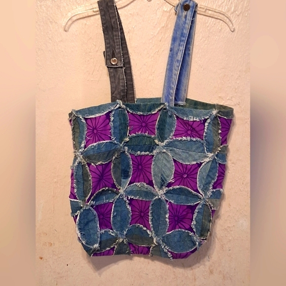 Handbags - Patchwork Tote Bag - Purple and Blue